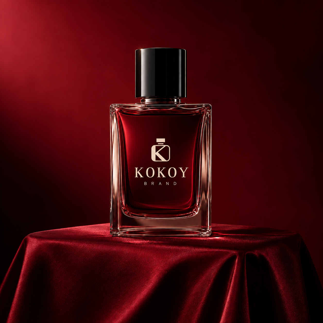Kokoy Brand perfume bottle with the K perfume emblem and ivory lettering on burgundy silk